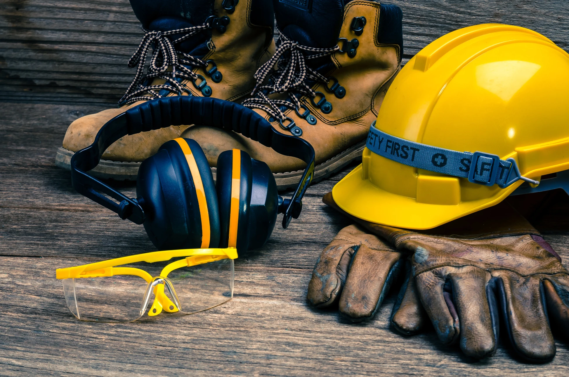 Équipements de protection individuelle (EPI) disposés sur surface en bois : casque de sécurité jaune avec sangle, chaussures de sécurité en cuir à lacets, gants de travail en cuir marron, lunettes de protection jaunes, casque antibruit bleu avec bandes réfléchissantes orange