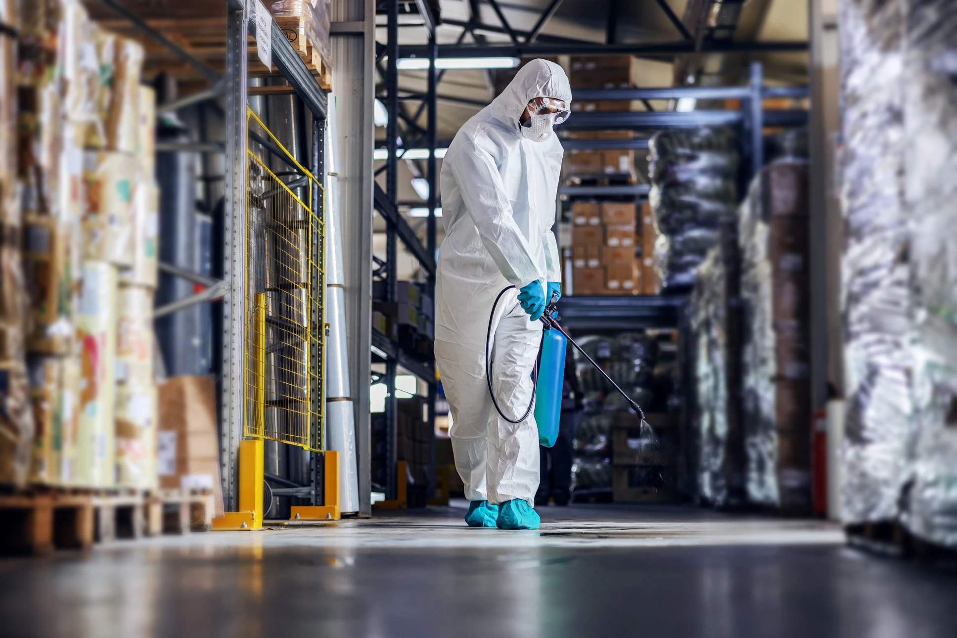 Entrepôt industriel avec travailleur en combinaison de protection intégrale blanche effectuant une désinfection par pulvérisation