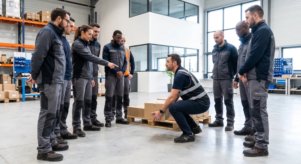 Photographie réaliste d'une séance de formation "gestes et postures" en entreprise : formateur qualifié démontrant la bonne posture de levage à un groupe d'employés attentifs en tenue de travail dans un environnement professionnel (entrepôt, atelier ou espace ouvert). L'accent est mis sur la démonstration ergonomique correcte, avec les participants observant attentivement la technique présentée.