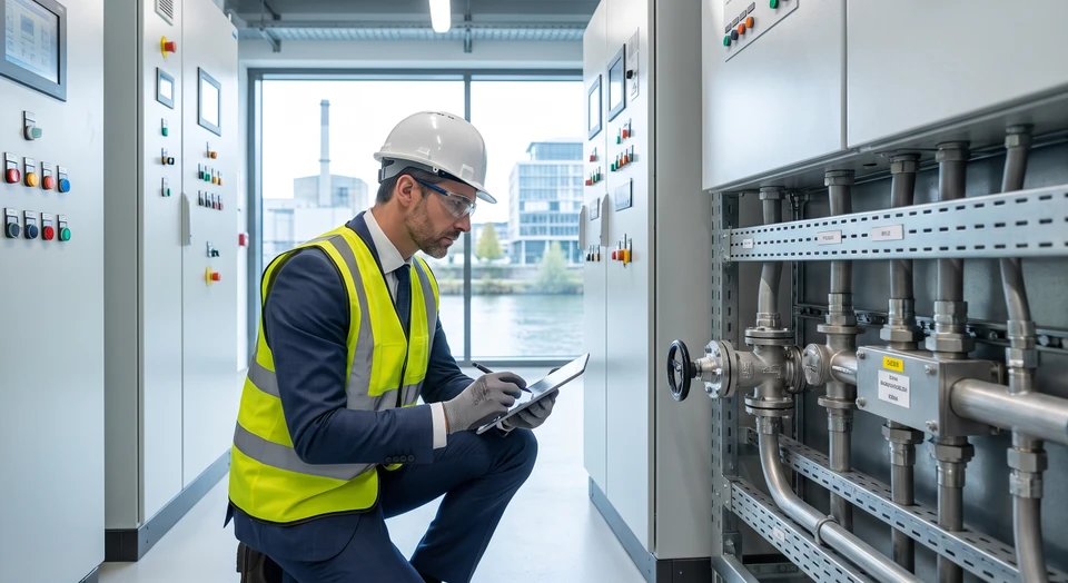 Professionnel d'audit ou consultant effectuant une inspection méthodique sur site industriel ou nucléaire : consultant en costume ou tenue professionnelle réalisant une évaluation documentaire avec un dossier ou tablette, ou inspectant des équipements/zones de travail avec concentration et rigueur, symbolisant une approche structurée d'audit de conformité réglementaire.