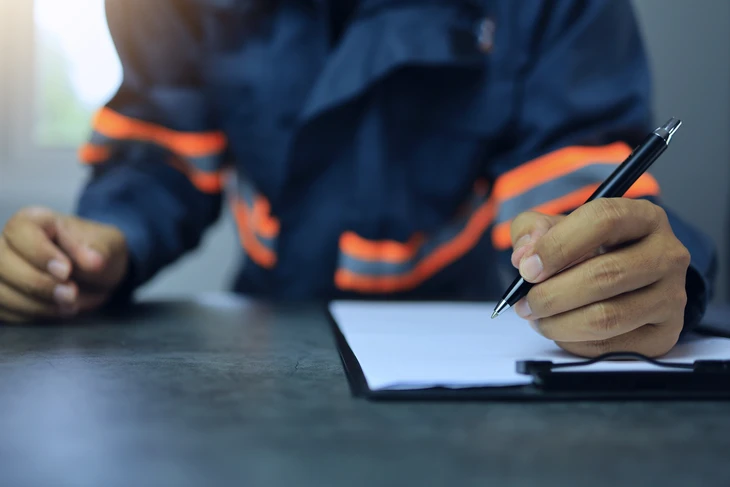 Photo réelle d'un environnement professionnel montrant un auditeur ou consultant en gilet de sécurité effectuant une évaluation sur site : il examine des équipements de sécurité, des affichages ou des installations dans un atelier ou une zone de production industrielle. La scène doit transmettre la rigueur, l'impartialité et l'analyse professionnelle. L'image doit être prise de jour en conditions réelles, avec une bonne luminosité, montrant clairement des éléments de prévention des risques (équipements de protection, signalisation, installations industrielles).