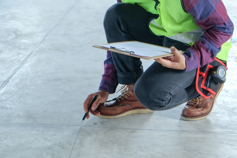 Ouvrier en équipement de sécurité haute visibilité accroupi sur dalle béton, effectuant inspection technique avec presse-papiers et stylo